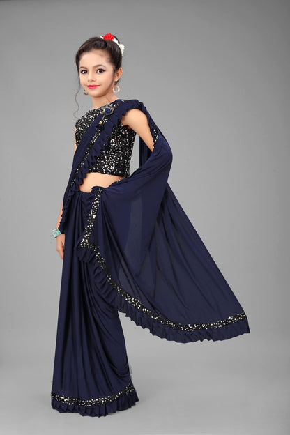 Dhyey fashion Girls Lycra Blend Ruffle Pattern Saree With Velvet Unstitched Blouse Piece
