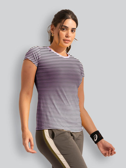 Lyra WomenS Printed Striper Round Neck Regular Fit Cotton T-Shirt