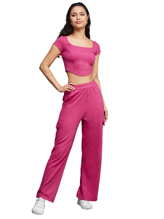 Miss Chase Womens Round Neck Short Sleeve Solid Straight Leg Regular Length Cotton Co-Ord with Pockets (MCAW23C01-12-122-04, Pi