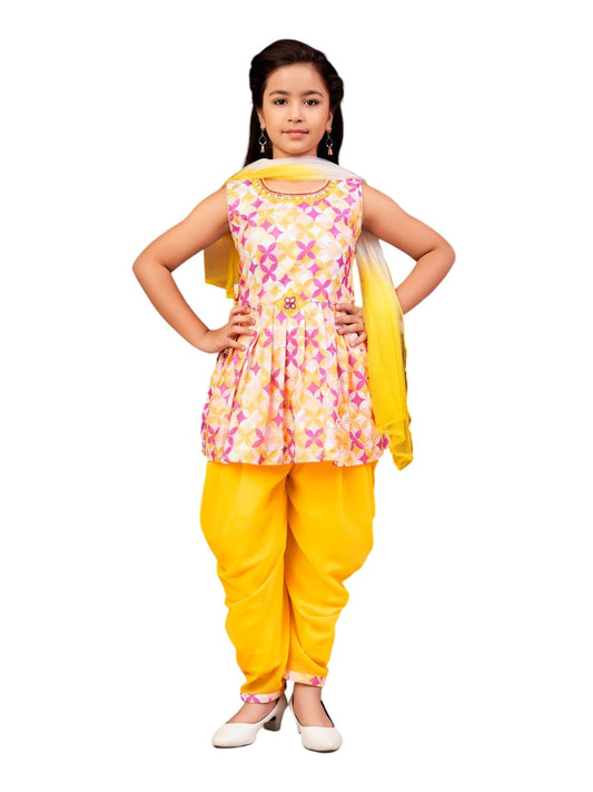 Aarika Girls Ethnic Wear Yellow Colour Floral Print Beads Embroidery Cotton Blend Dhoti Kurta Set With Dupatta-4-9 Years (Dh-Shm