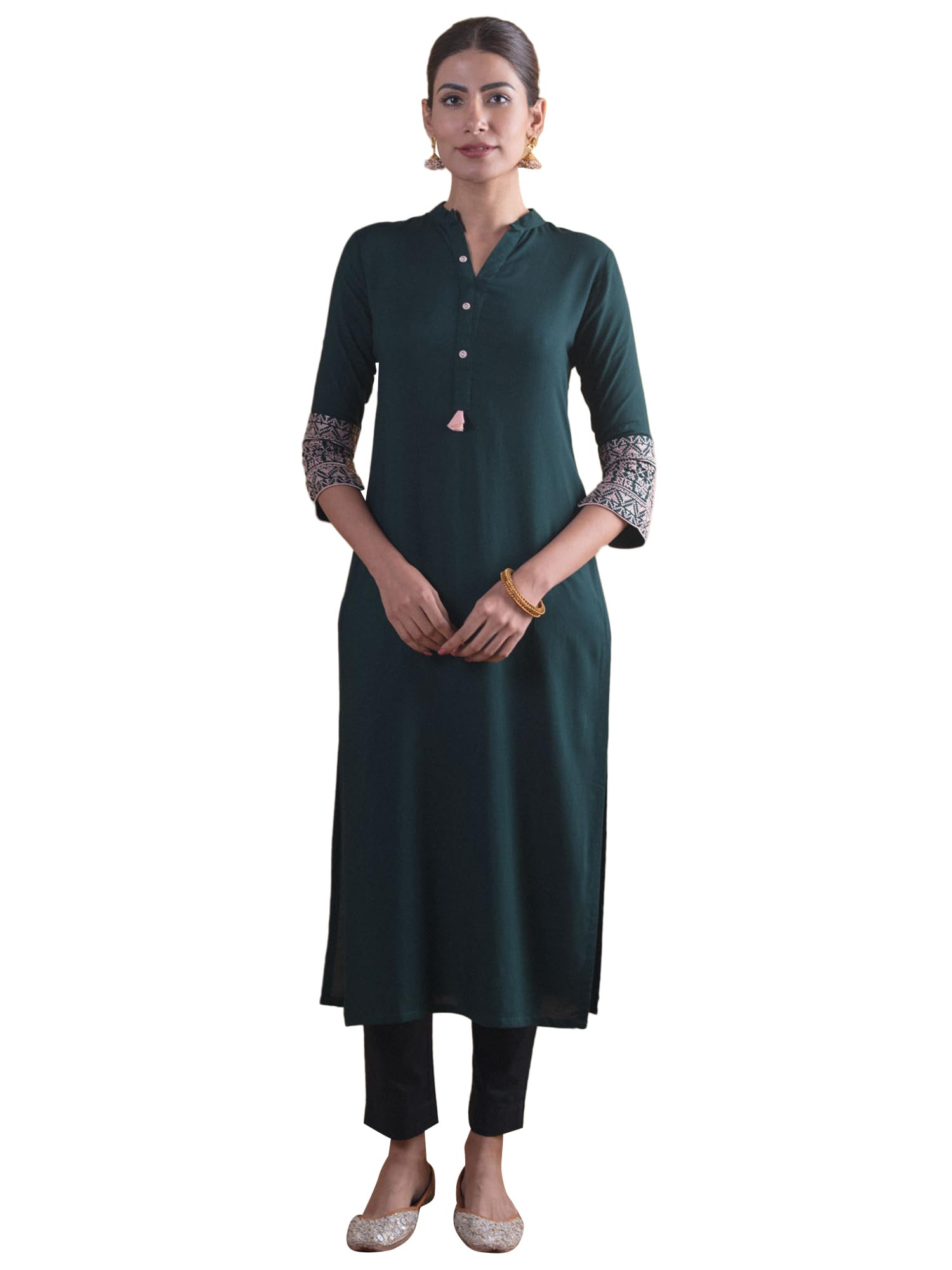 Libas Green Solid Rayon Straight Kurta