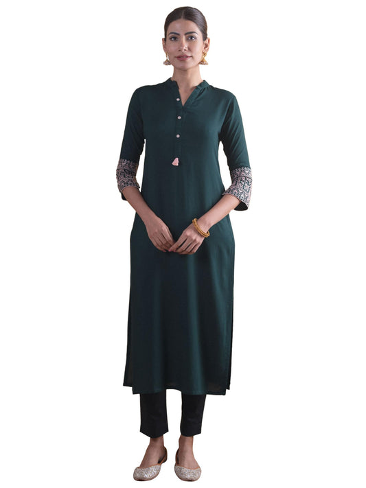 Libas Green Solid Rayon Straight Kurta