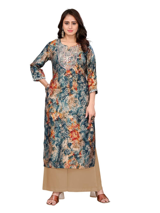 rangita Chanderi Straight Embroidered Calf Length Kurti | Kurta for Women