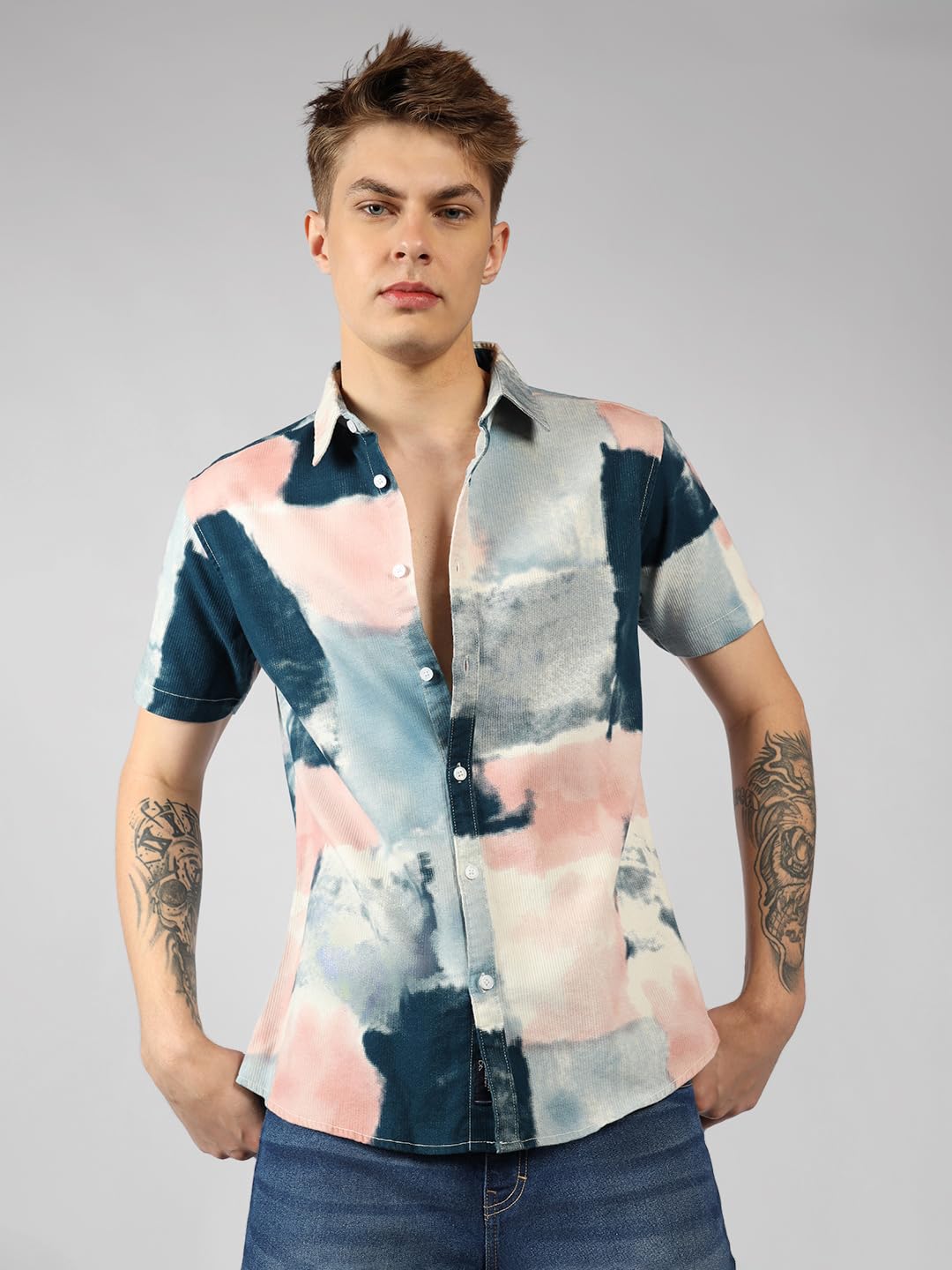 Dennis Lingo MenS| Pink| Half Sleeve| Spread Collar| Printed| Regular Fit| Casual Shirt