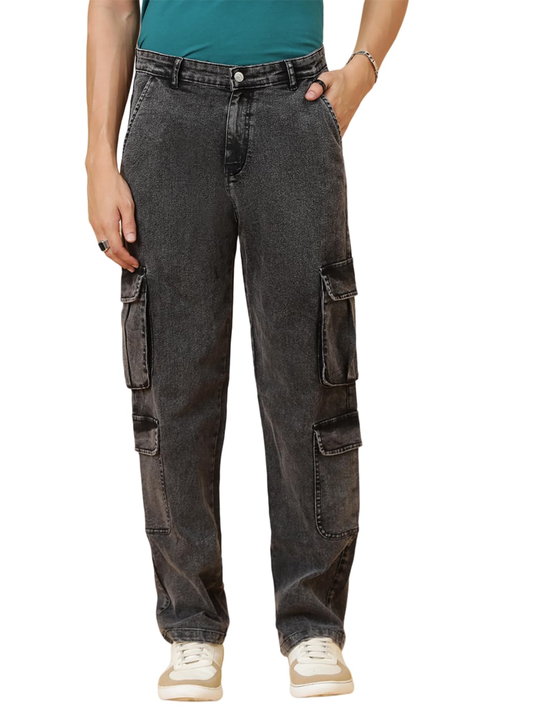 Kotty MenS Solid Mid Rise Straight Fit Stylish Looking Cargo Jeans(Grey,28)