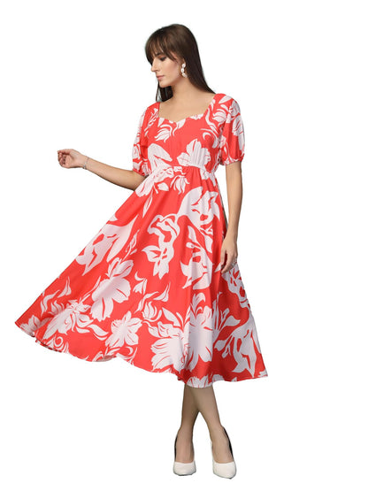 Oomph! Flared Dress For Women Stylish | Long One Piece For Women | Puff Sleeve Long Dress | Floral Print Maxi One Piece | Wester