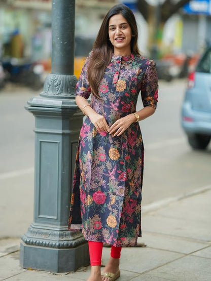 24 Carat Suit WomenS Chanderi Blend Kurta With Floral Printed Regular Fit Mandarin Collared Neck Down Button Half Sleeve Calf L