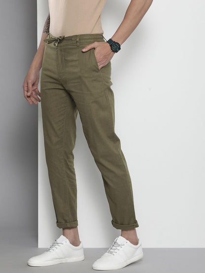 The Indian Garage Co Men Slim Fit Solid Mid-Rise Elasticated Linen Trousers Ivy Green