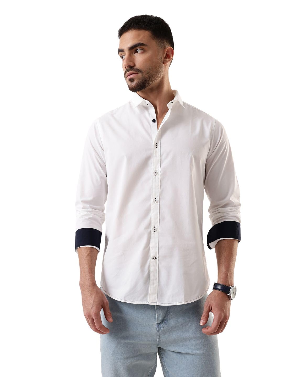 Dennis Lingo Men White Solid Spread Collar Full Sleeves Regular Fit Cotton Casual Shirt