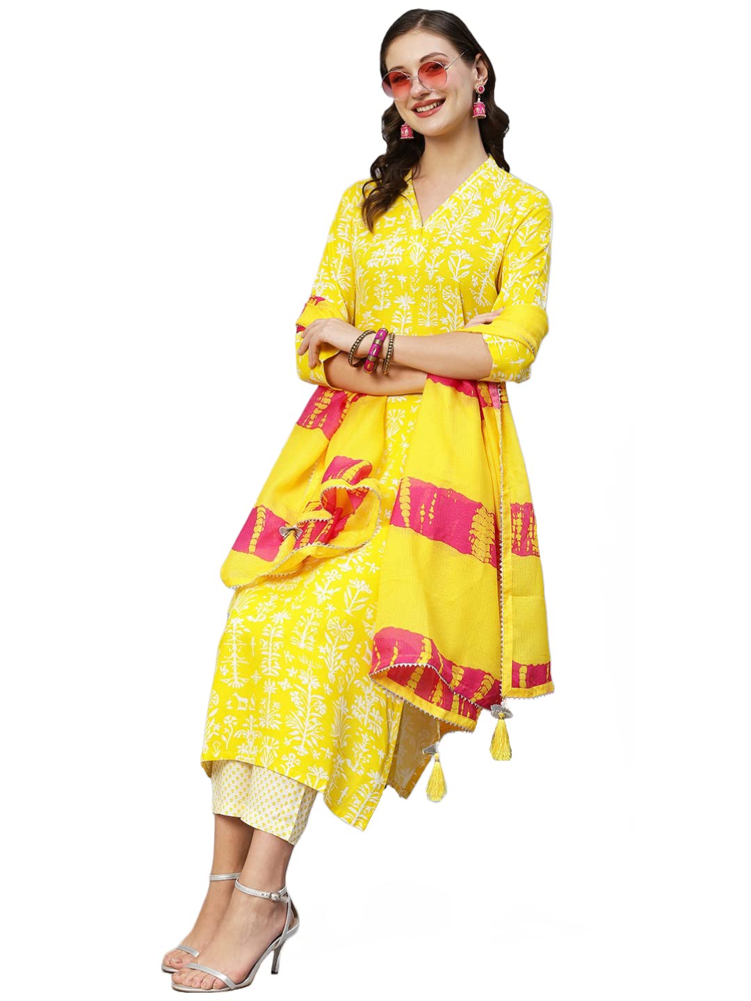 ANNI DESIGNER Womens Cotton Blend Staright Printed Kurta with Pant & Dupatta (BAGRU-Yellow-TNW_XXL_Yellow_XX-Large)