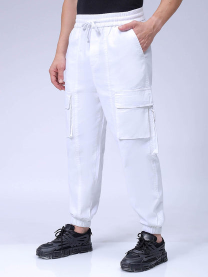 The Indian Garage Co Men Loose Baggy Solid Mid-Rise Cargo Joggers White