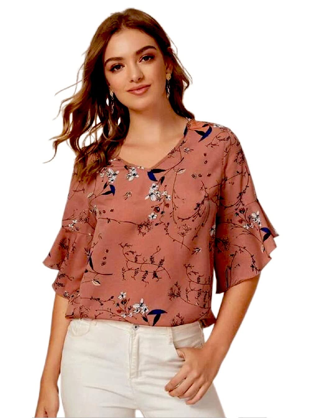 OM SAI LATEST CREATION Womens Plain Crepe with Ruffle Sleeve Design on HaOSLC-Sleeve Regular Fit Office wear,Casual wear Top (X