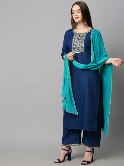 GoSriKi Women's Cotton Blend Solid Straight Kurta with Palazzos & with Dupatta (Dakum-GS)