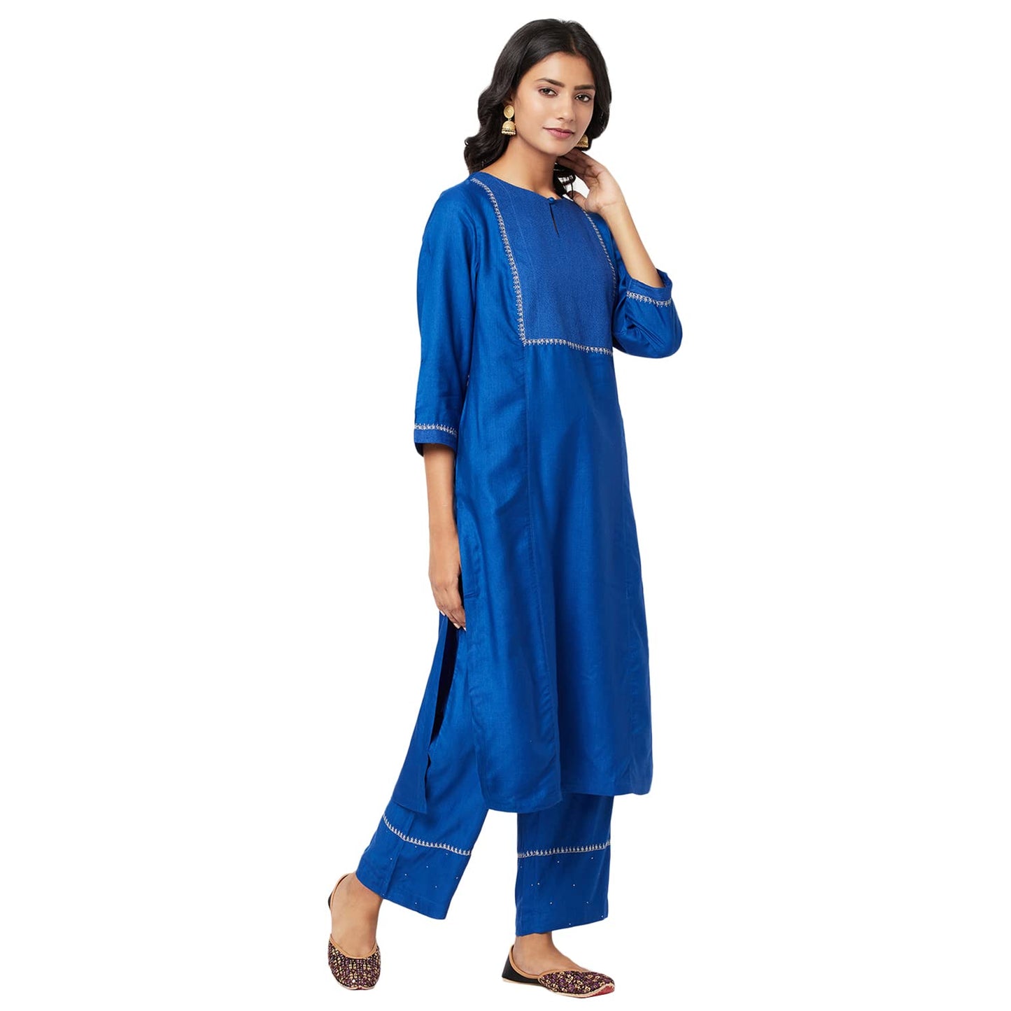 Fabindia Viscose Tussar Embroidered Kurta Set (Dark Blue-10701082)