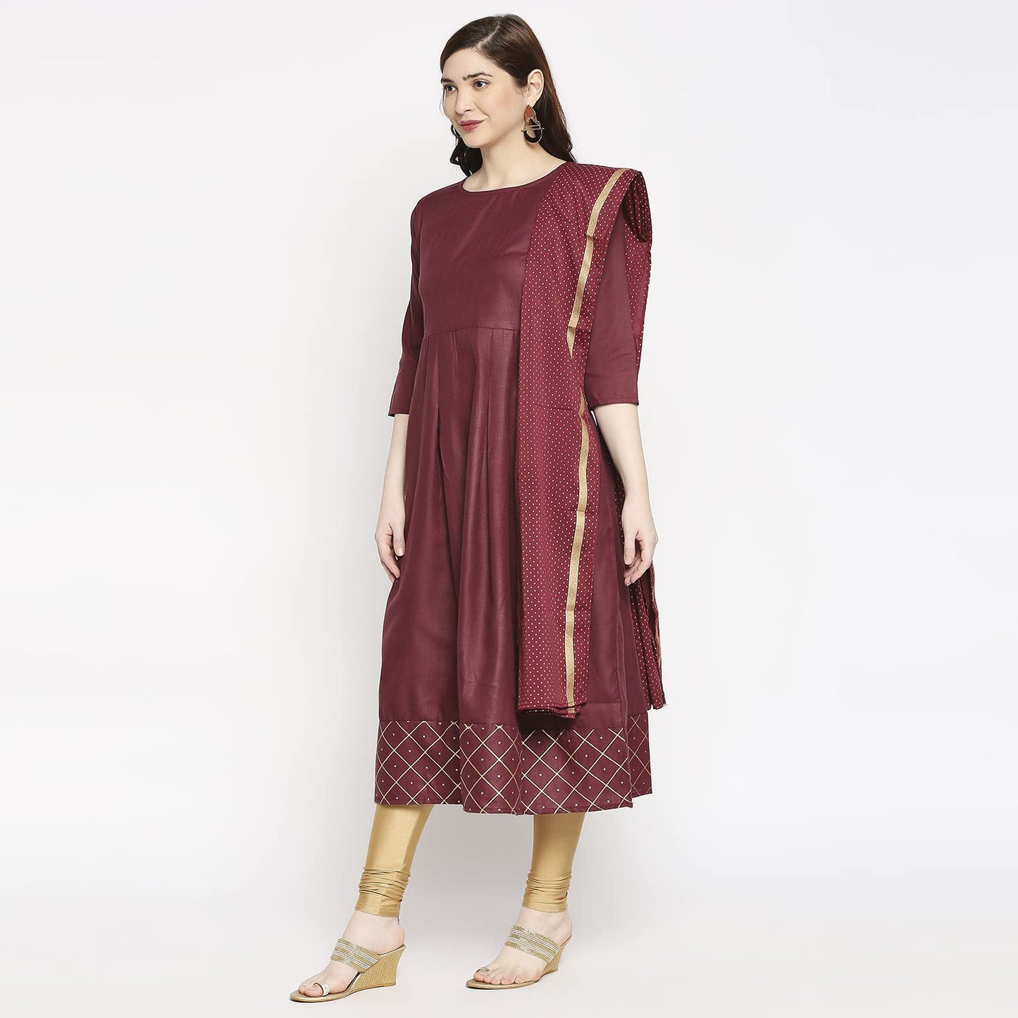 ANNI DESIGNER Women's Rayon Anarkali Kurta with Pant & Dupatta (KUMT Maroon_GSK)