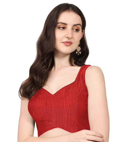 Pujia Mills Womens Multicolor Sweetheart Neck Georgette Line Soft Embroidery Sequence Zari Work Sleeves Readymade Saree Blouse