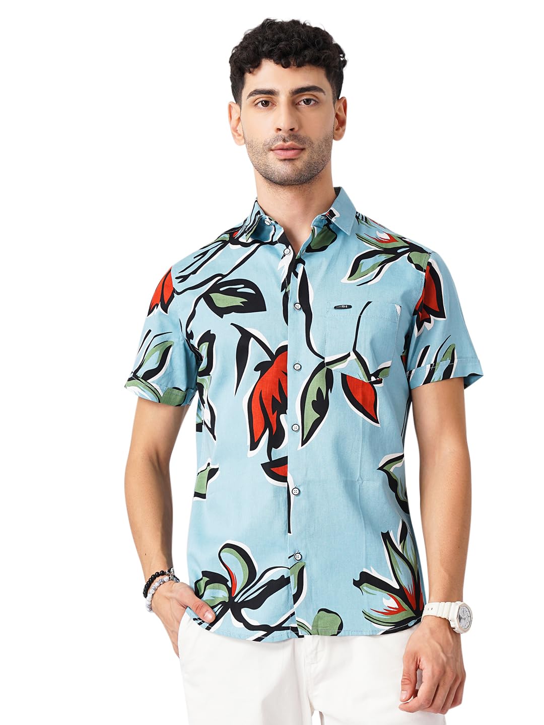 The Indian Garage Co Blue Regular Fit Spread Collar Floral Print Short Sleeves Shirt