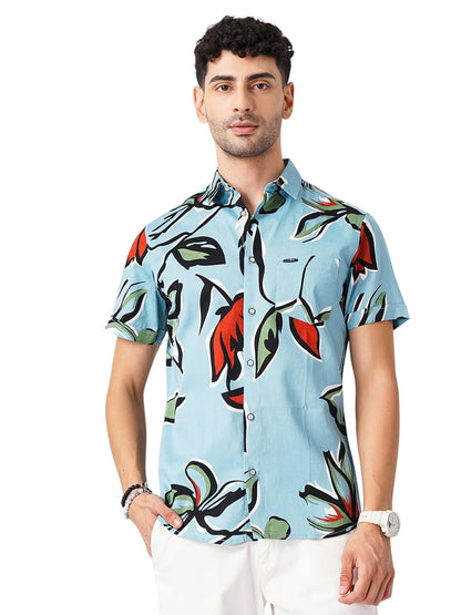 The Indian Garage Co Blue Regular Fit Spread Collar Floral Print Short Sleeves Shirt