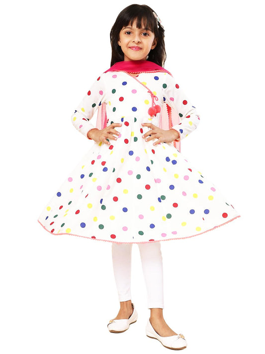 A.T.U.N. (All Things Uber Nice) Girls Printed Angrakha Pure Cotton Kurta With Leggings & Dupatta