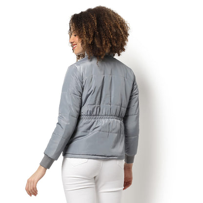 Campus Sutra Women Grey Puffer Regular Fit Bomber Jacket For Winter Wear | Standing Collar | Full Sleeve | Zipper | Casual Jacke