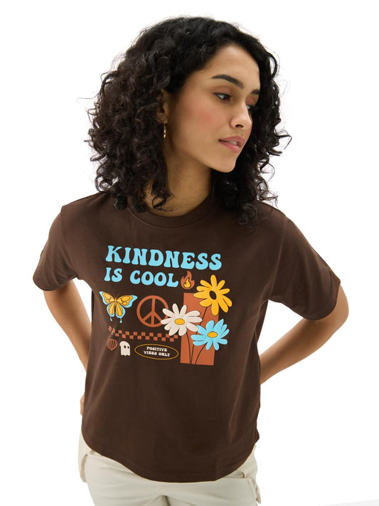 The Souled Store Originals: Kindness is Cool 100% Cotton Women & Girls Short Sleeve Round Crew Neck Brown Graphic Printed Regula