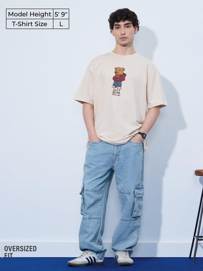 The Souled Store Oversized T-Shirt: Bear Minimum Men and Boys Short Sleeves Round Neck Beige Graphic Printed Cotton Oversized T-