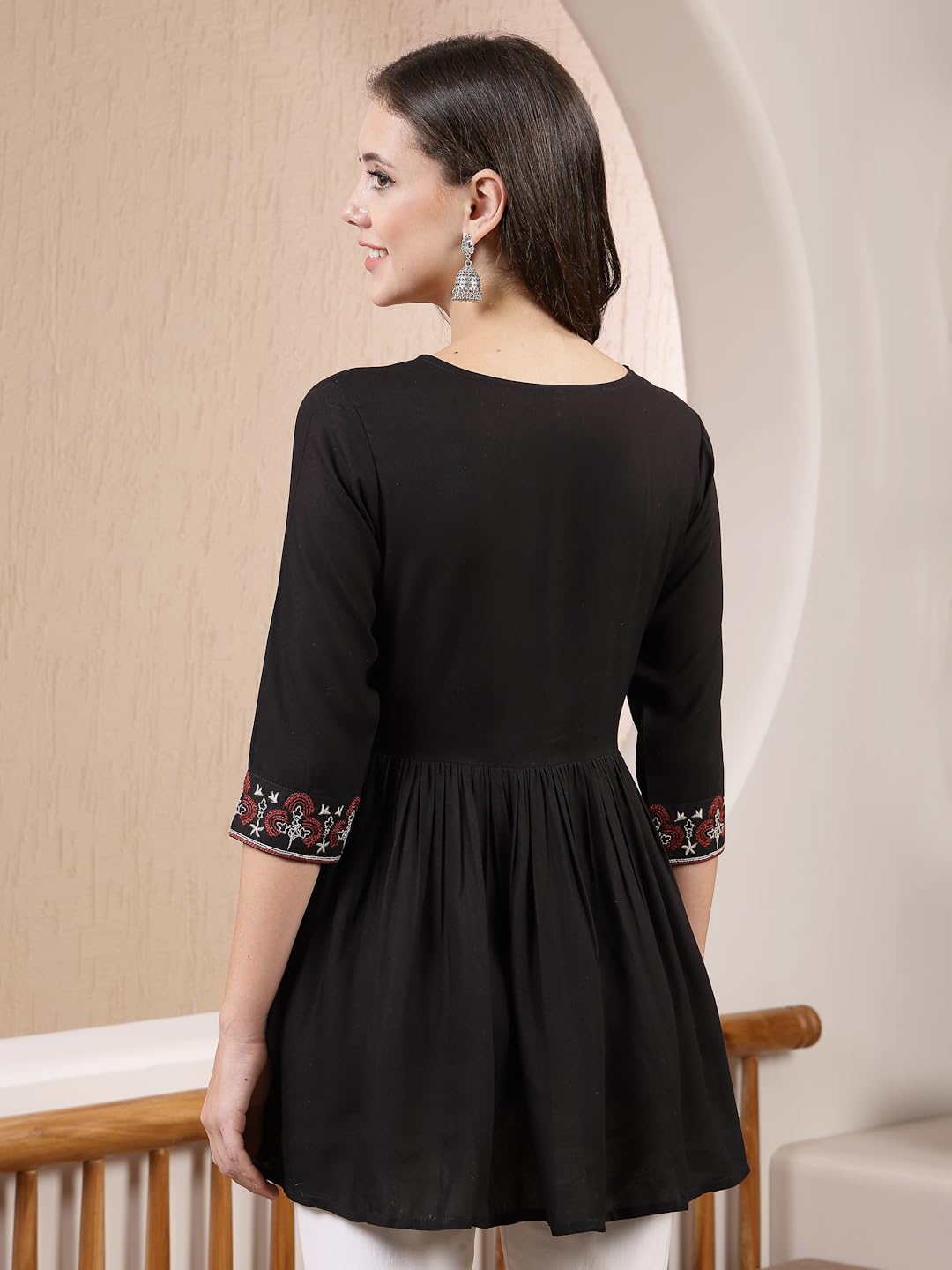 Stylum Womens Black Solid & Embroidered Rayon Peplum Top