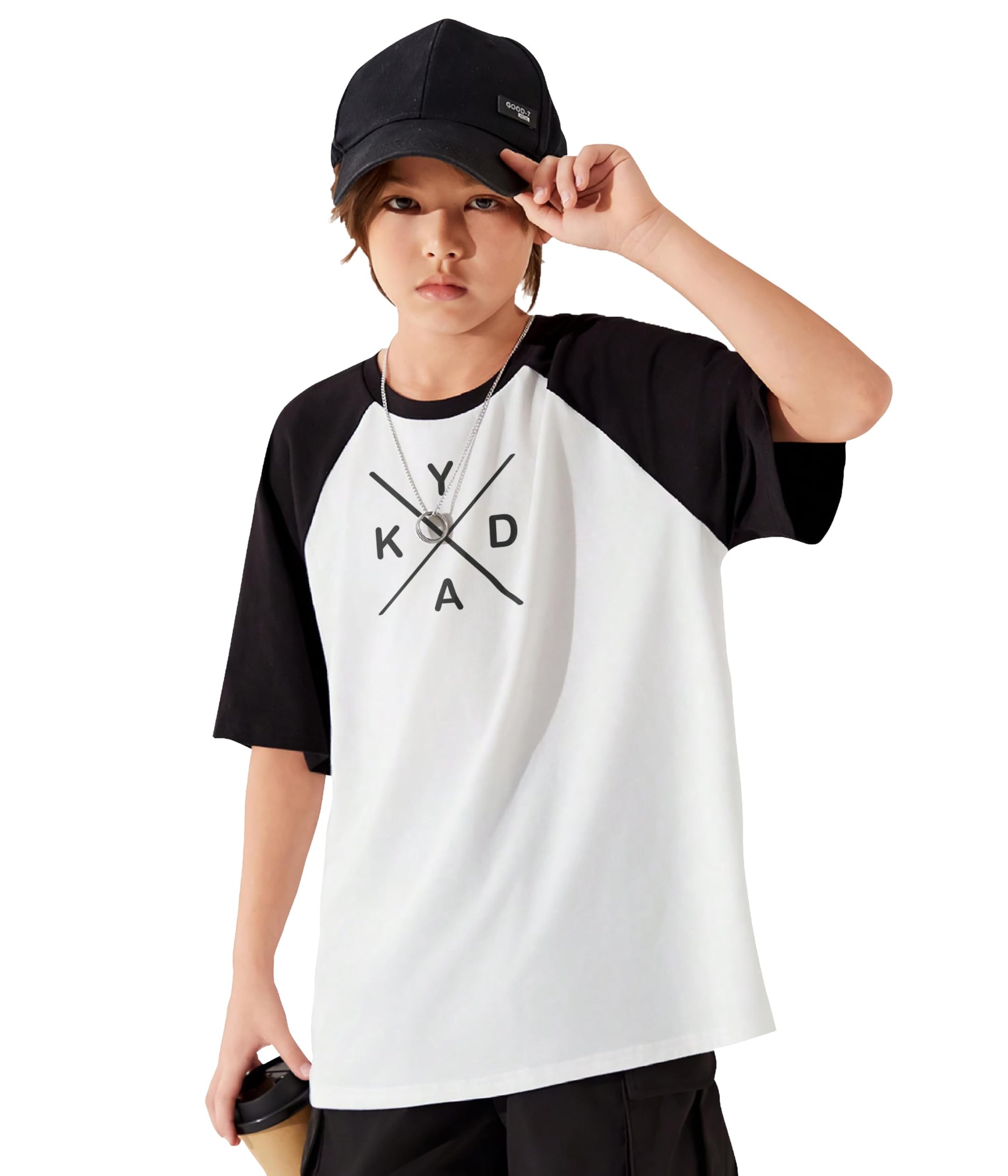 Kyda Kids Boys Round Neck Printed Raglan Half Sleeve Black And White Pure Cotton Oversized Tshirt (Pack Of 1)