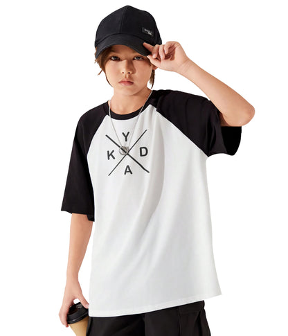 Kyda Kids Boys Round Neck Printed Raglan Half Sleeve Black And White Pure Cotton Oversized Tshirt (Pack Of 1)