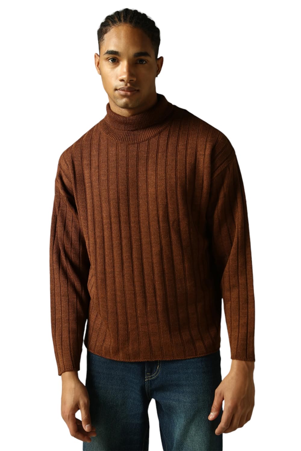 Hubberholme Men Knitted Acrylic Oversized Fit Turtle Neck Long Sleeve Sweaters Brown