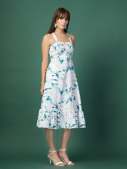 Oomph! WomenS Western & Fusion Wear Printed Crepe Dress For Women, Smocked Bodice, Blue - Md1054