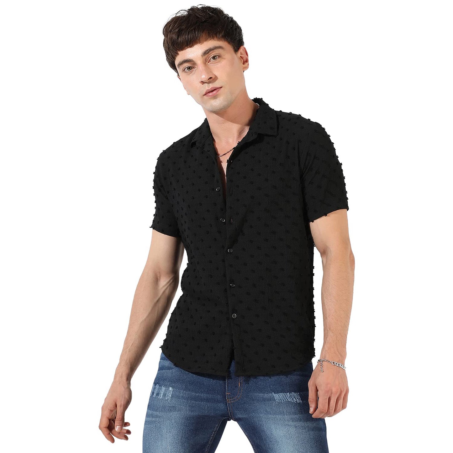 Campus Sutra Mens Black Textured Button Up Spread Collar Shirt for Casual Wear | Regular Fit | Poly Georgette Shirt Crafted wit