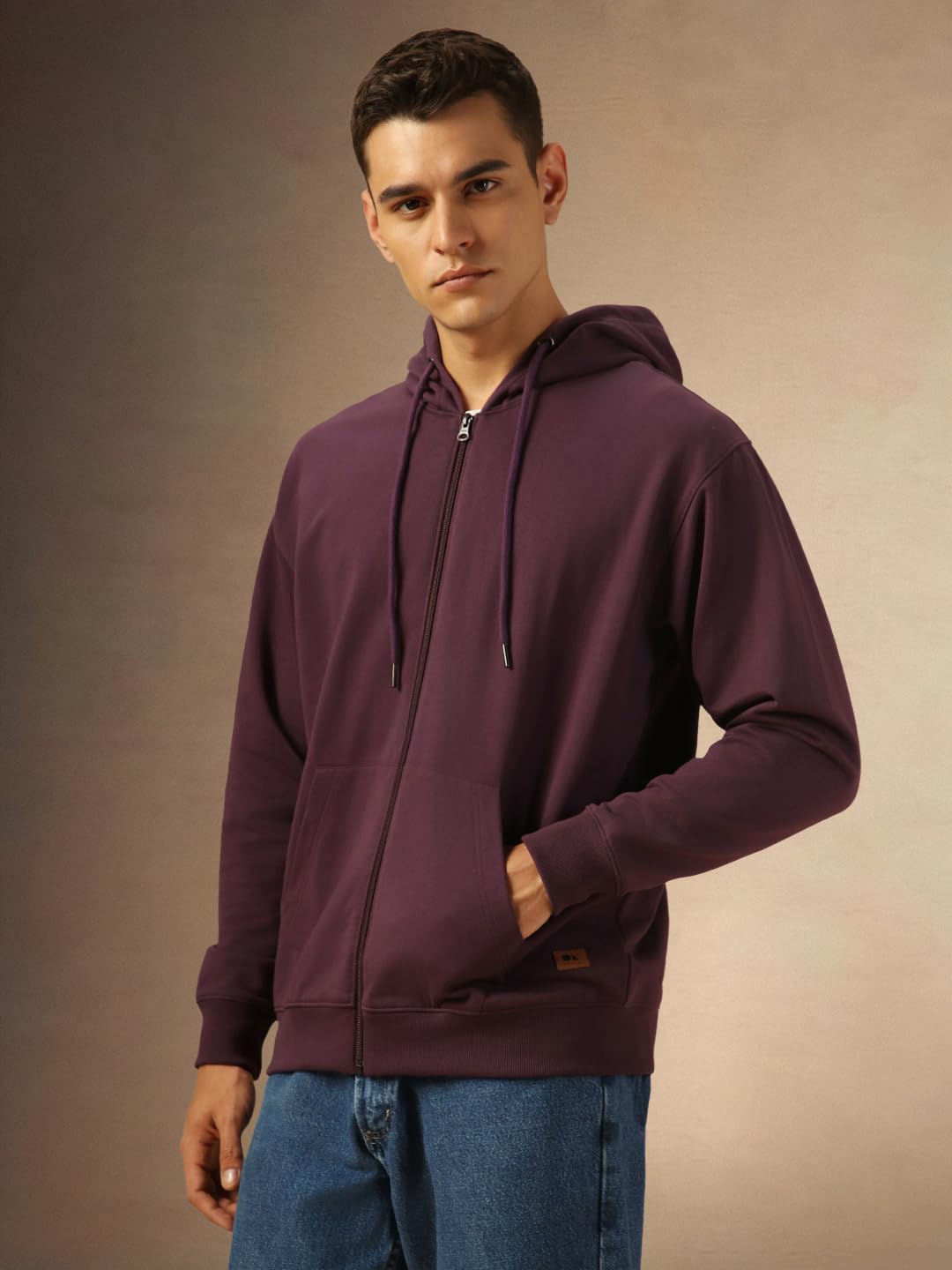 Dennis Lingo Men Regular Fit Cotton Solid Full Sleeves Hooded Front Open Sweatshirt Purple
