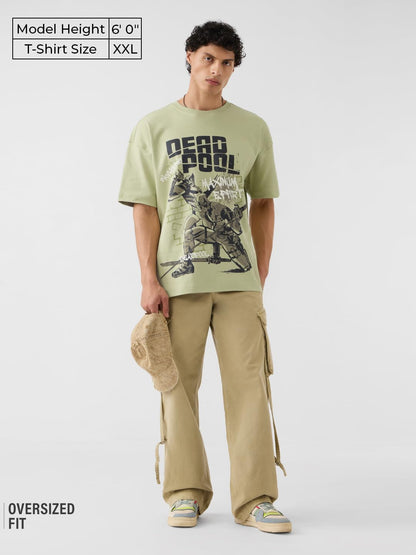 The Souled Store Deadpool: Maximum Effort Men and Boys Short Sleeves Round Neck Green Graphic Printed Cotton Oversized T-Shirts
