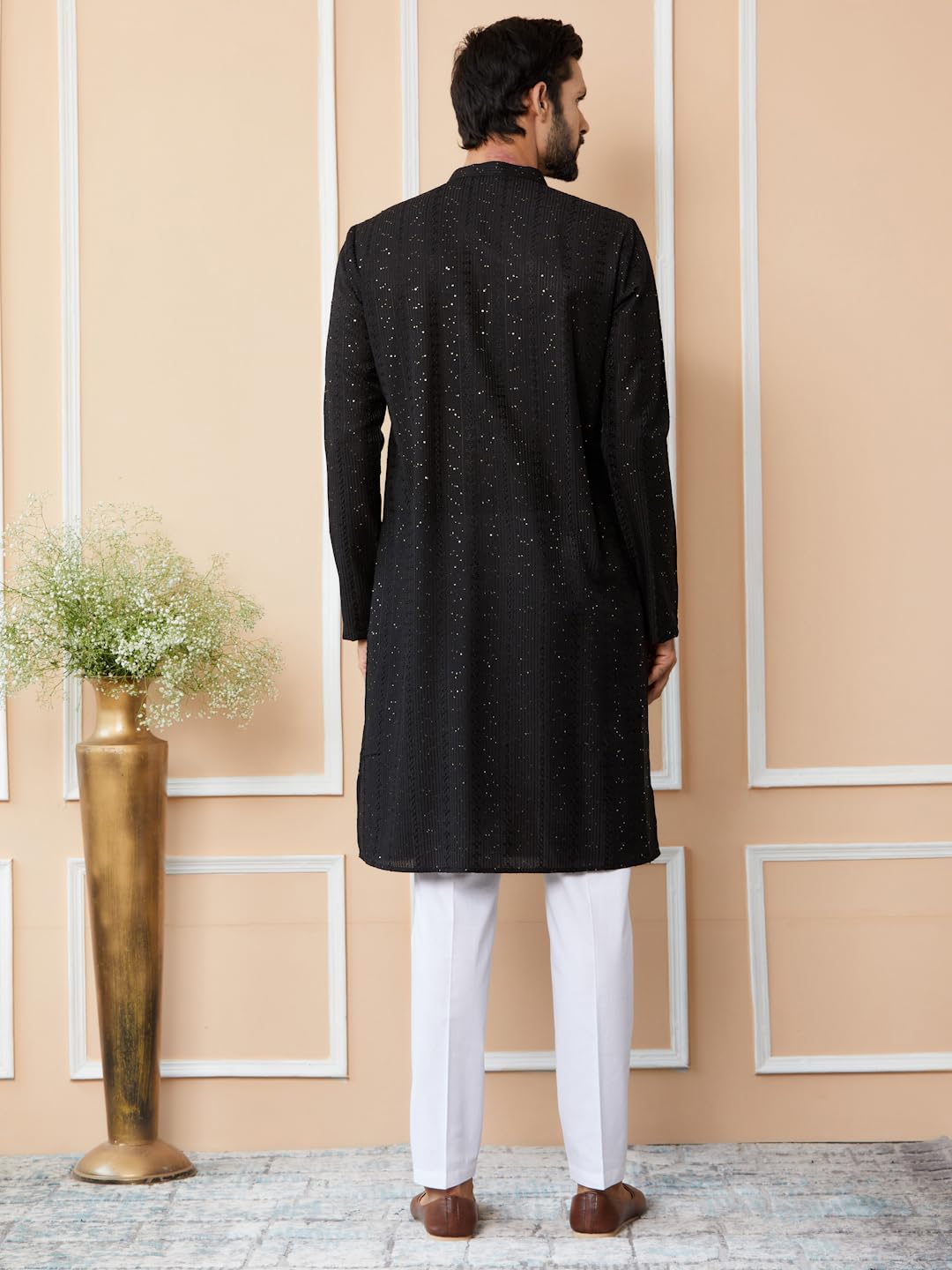 See Designs MenS Long Sleeve Mandarin Collar Side Slit Black Embroidered Thread Work Sequinned Chanderi Silk Straight Kurta - S