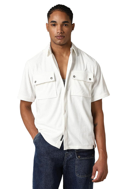 Hubberholme Men Solid Polyster Oversized Fit Collar Short Sleeve Shirts 11 White