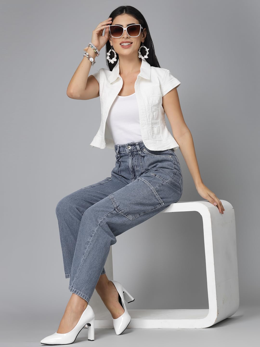 Style Quotient Women Off White Denim Open Front Regular Shrug