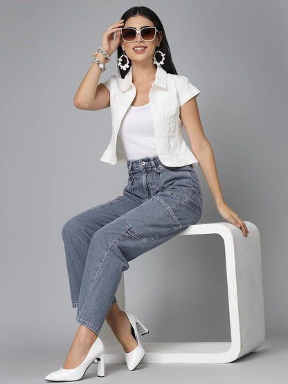 Style Quotient Women Off White Denim Open Front Regular Shrug
