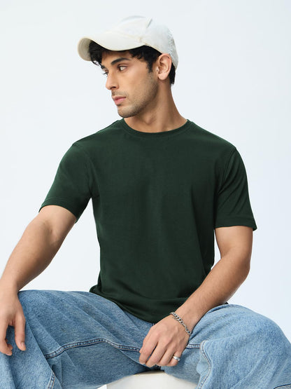 The Souled Store Supima: Emerald Men and Boys Short Sleeves Round Neck Solid Regular Fit Lightweight Durable Everyday Comfortabl