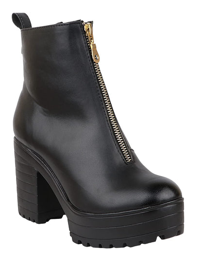 Shoetopia WomenS Black Chunky Heel Platform Ankle Boots With Front Zip || Stylish Faux Leather Booties For Party, Street & Casu