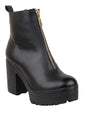 Shoetopia WomenS Black Chunky Heel Platform Ankle Boots With Front Zip || Stylish Faux Leather Booties For Party, Street & Casu