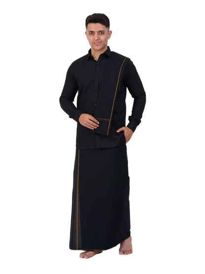 Prakasam Cotton Mens Small Border (Roja) Flexi Adjustable Readymade Pocket Black Dhoti + Readymade Full Sleeve Shirt + Black Sma