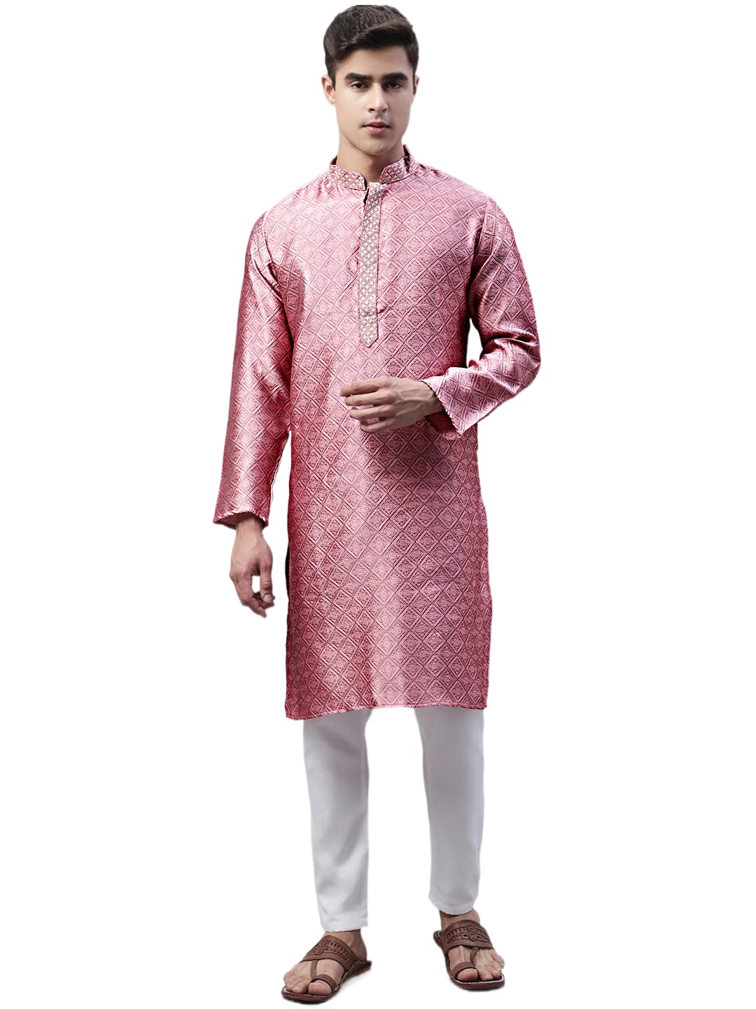 Jompers Mens Collar Embroidered Silk Jacquard Kurta Pyjama Set