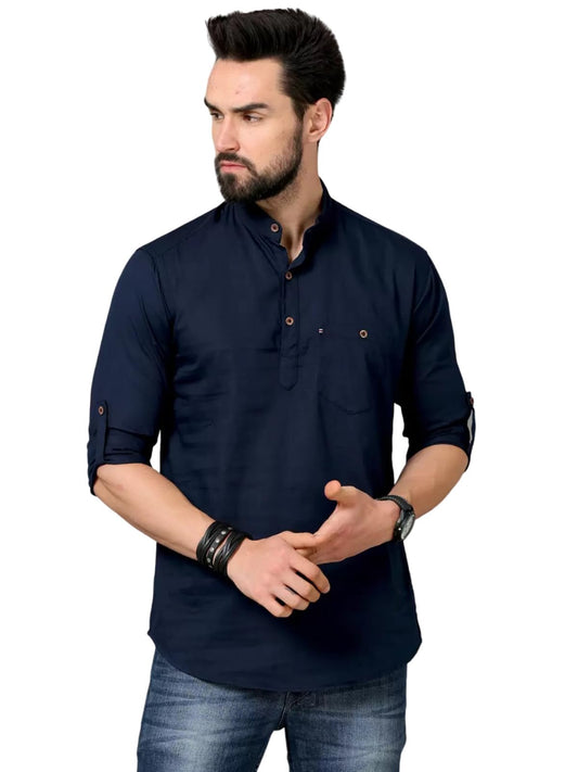 Deemoon MenS Cotton Blend Full Sleeve Short Kurta With Mandarin Collar Crafted From A Premium Cotton Blend Navy Blue