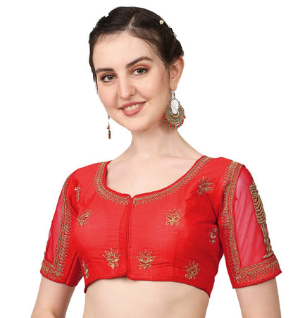 Pujia Mills WomenS Multicolor Temple Embroidery Net Back Sequence Khatli Work Sleeves Design Phantom Silk Readymade Saree Blous