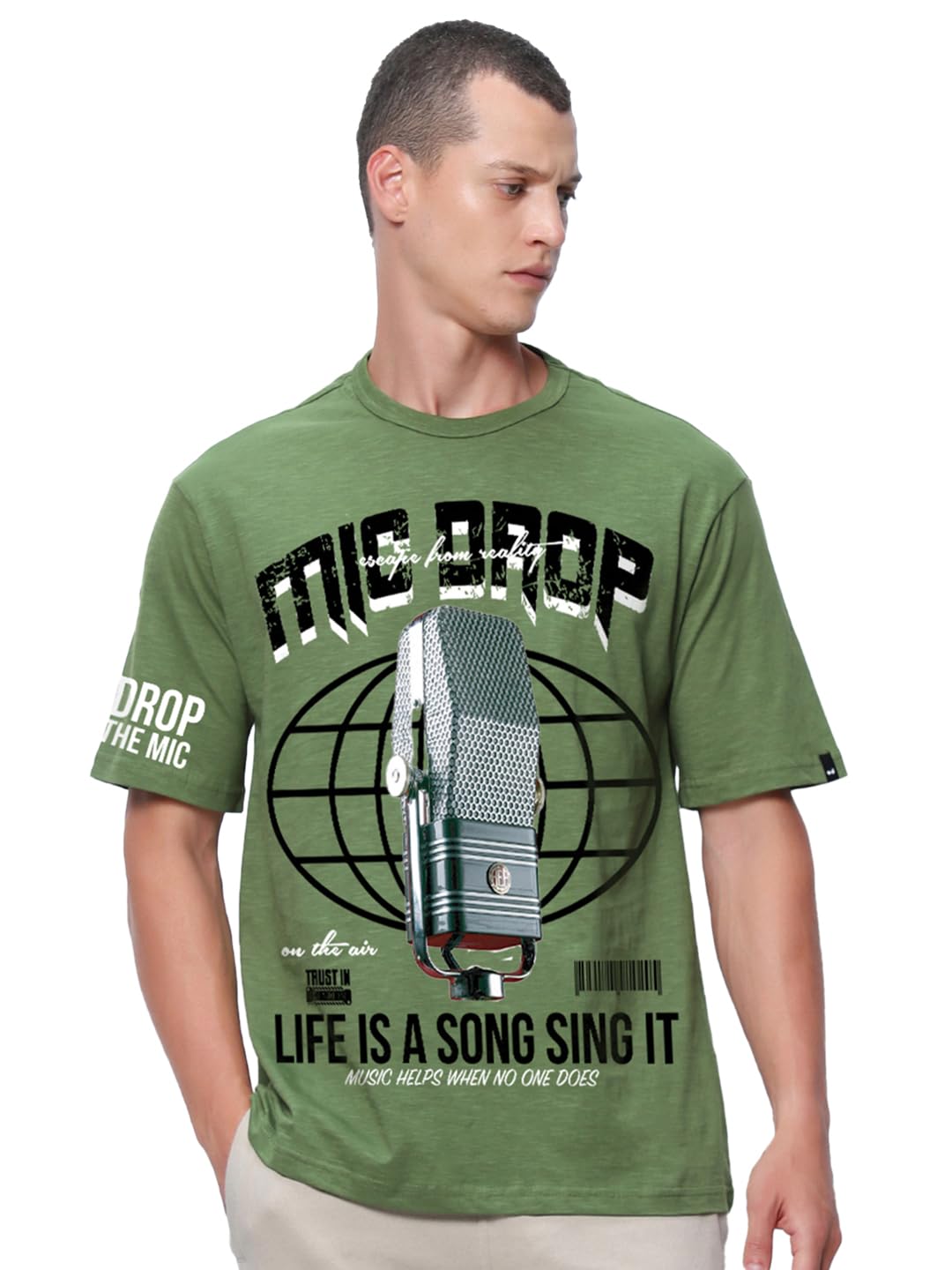 Bewakoof Air 1.0 MenS Graphic Print Oversized Fit Half Sleeve Round Neck Cotton Slub T-Shirt_657202_Green_S