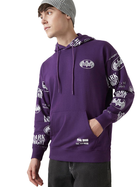 Bewakoof Official DC Merchandise Batman Mens Graphic Print Oversized Fit Full Sleeve Hooded Poly Cotton Hoodies_644641_Purple_M