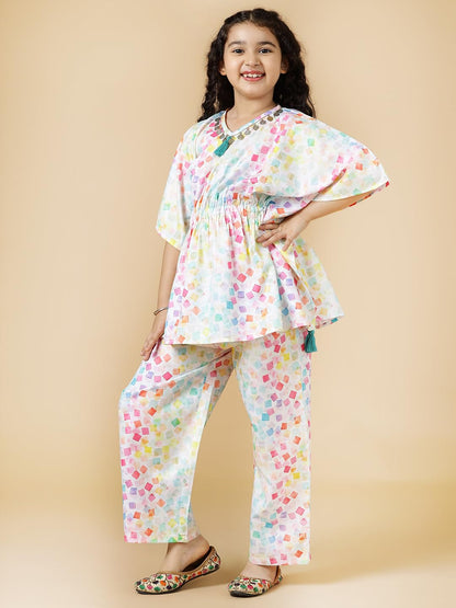 A.T.U.N. (ALL THINGS UBER NICE) Girls Multi Printed Polysilk Top with Straight Pant Set