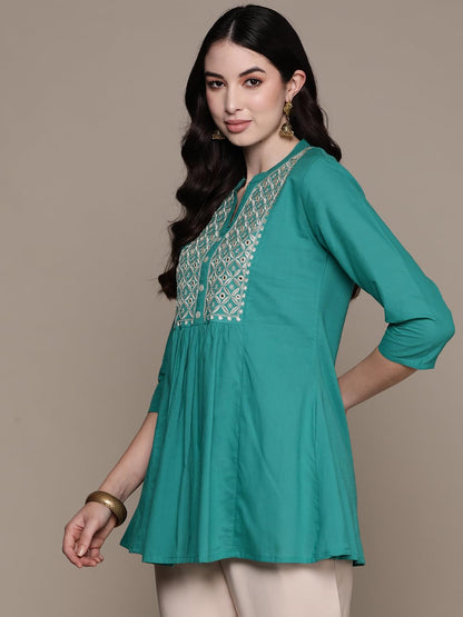 anubhutee Women's Pure Cotton Embroidered Turquoise Blue Straight Kurti