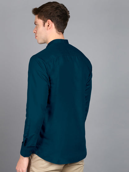 Mildin MenS Regular Cotton Blend Bell Blue Slim Fit Solid Button Down Mandarin Chinese Collar Full Sleeve Curved Hemline Casual